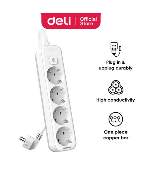 Prelungitor DELI, 4 prize, 3 m, înpămîntare, întrerupător